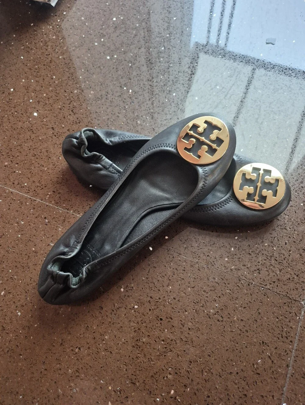 Tory Burch Black Leather Ballet Flats with Gold Logo Medallion
